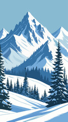 Snow Covered Mountain Landscape with Pine Trees View