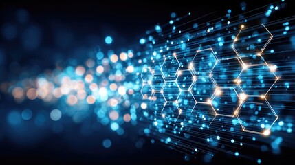 Abstract design with glowing hexagons and blurred lights.