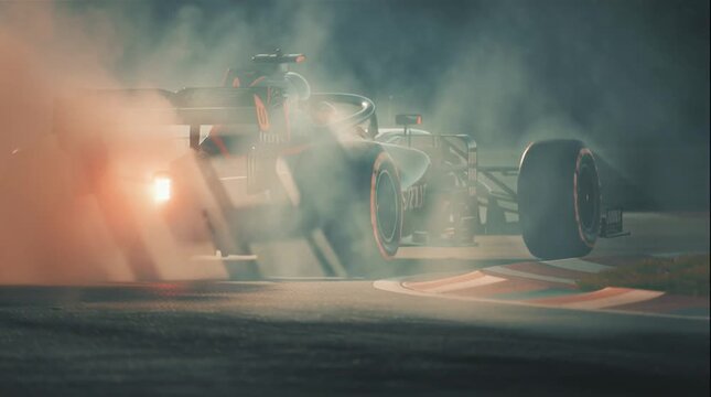 Rear view of a formula one car with smoke billowing out from behind on a dark track surface