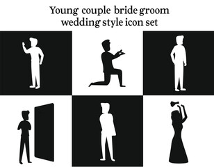 Young couple bride groom wedding style with pose icons set 