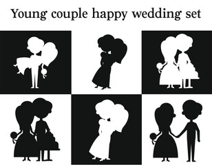 Young couple bride groom wedding style with pose icons set 