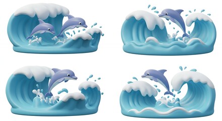 Naklejka premium Four dolphin images leaping over waves