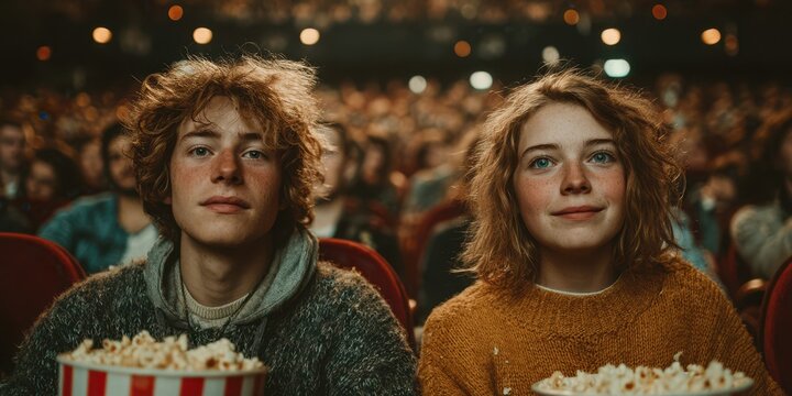 Young friends enjoy a movie night in a crowded theater while eating popcorn together