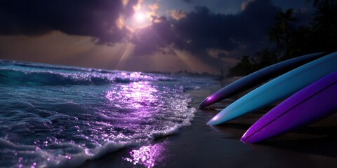 Surfers prepare for night surfing under a moonlit sky on a tranquil beach