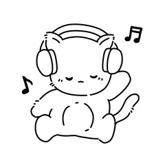 vector illustration of a cartoon cat listening to music line art outline 