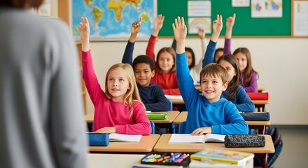 Happy Students Raising Hands in Colorful Classroom

