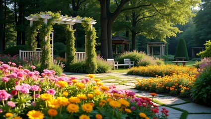 Obraz premium Lush Garden Scene with Floral Beds Arbor Gazebos and Stone Pathway