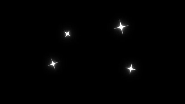 Twinkling stars animation, white cartoon sparkle stars, fast blinking lines, flat vector doodle animation, glowing glitter trail effect, 2D shining motion video on black screen background.