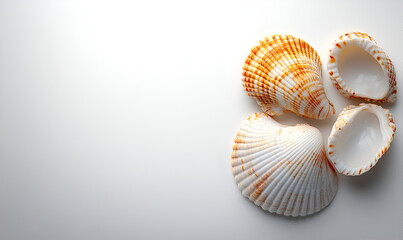 Four seashells with white and orange patterns arranged on a clean, bright white surface.