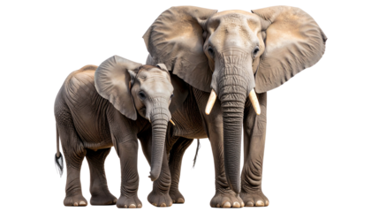 Majestic African elephant and calf powerful bond dark background stunning detail intense gaze isolated on transparent background.