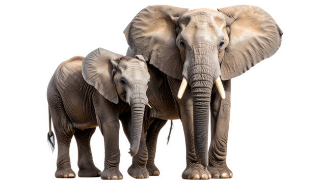 Majestic African elephant and calf powerful bond dark background stunning detail intense gaze isolated on transparent background.