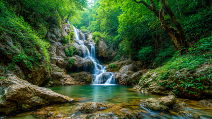 Lush green forest waterfall cascading into clear turquoise pool surrounded by mossy rocks nature cascade