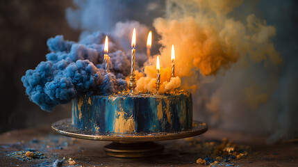Blue and Gold Birthday Cake Explosion with Lit Candles