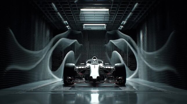 A formula one car parked inside a dark anechoic chamber with grid pattern walls and ceiling lights