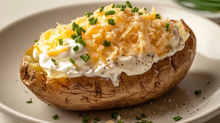 Baked Potato Topped with Sour Cream, Shredded Cheese, and Chives