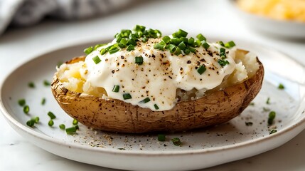 Baked Potato Topped with Sour Cream, Chives, and Black Pepper