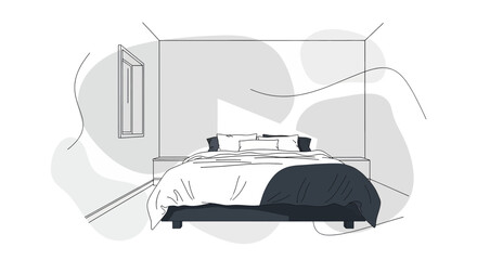 Minimalist bedroom interior with bed and wall decorations
