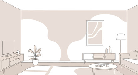 Minimalist living room with sofa TV stand and decorative elements