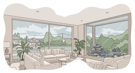 Living room with large windows and indoor plants