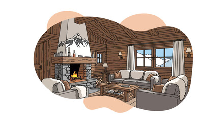 Cozy mountain cabin living room with wood interior and fireplace