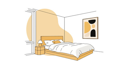 modern bedroom with bed and abstract wall art
