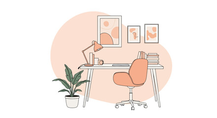 Minimalist home office with desk, chair, artwork and plant