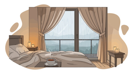 Cozy bedroom interior overlooking rainy landscape from large window