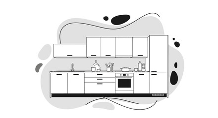 kitchen with cabinets, countertop, and stove in monochrome style