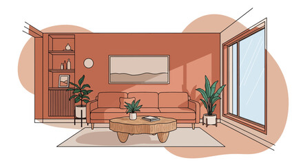Interior living room with sofa and plants in warm tones