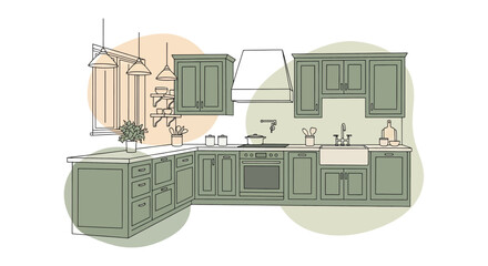 Kitchen with cabinets, stove, and sink in minimalist style