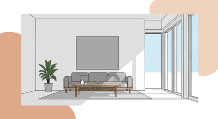 Modern living room with sofa and large windows