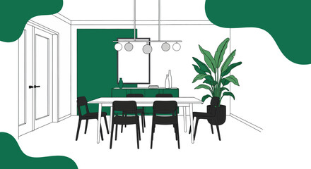 Modern dining room with table chairs and large plant