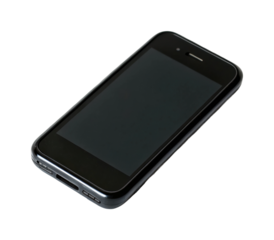 Smartphone with touchscreen and buttons on dark surface