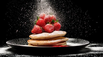 Stack of Pancakes with Strawberries Covered in Powdered Sugar fo