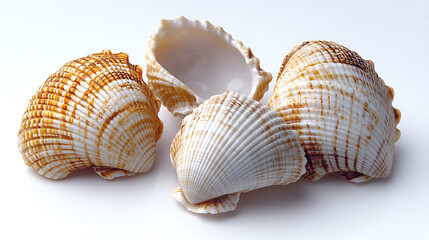 Obraz premium Four cockle shells, some with striped patterns, one open, are arranged on a white surface in a close-up studio shot.