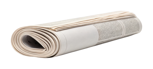 Rolled newspaper isolated on white background symbolizing news and media