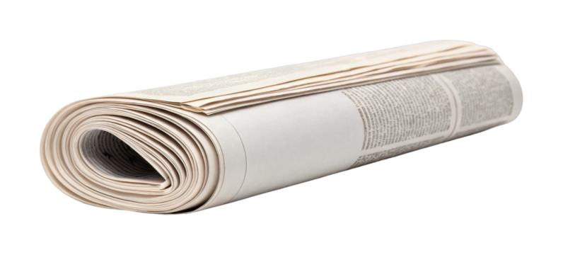 Rolled newspaper isolated on white background symbolizing news and media