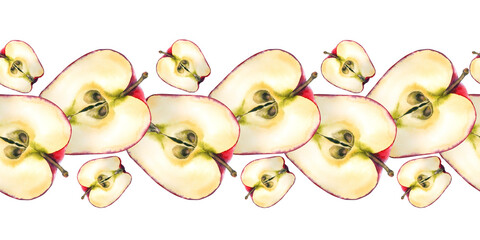 Watercolor illustration of a half ripe red apple with soft highlights texture seamless border. Suitable for food branding, eco packaging farmers market design seasonal decor and wellness products.