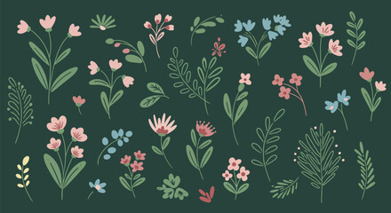 Floral Collection HandDrawn Flowers and Leaves on Dark Green