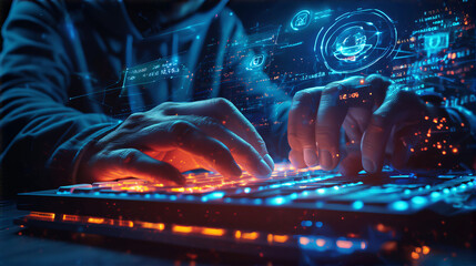 the image shows a person's hands typing on a backlit computer keyboard