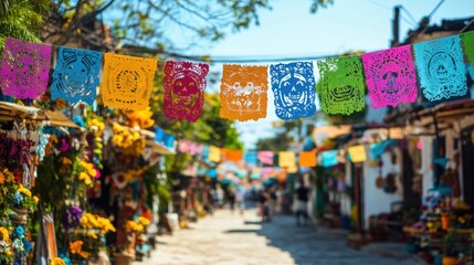 Naklejka premium Clean street view with papel picado, peaceful Mexican Day of the Dead festivity in soft minimalist air