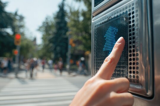 Hand pressing a pedestrian crossing button