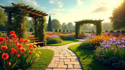 Fototapeta premium Sunny Garden Scene with Stone Path Pergolas and Colorful Flowers