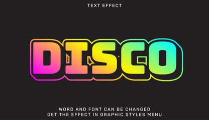Obraz premium Colorful disco text effect in bold gradient neon style on dark background
