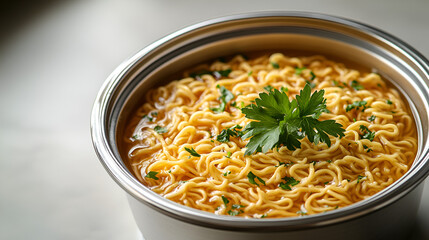 Close-up of a bowl of instant noodles with broth, garnished with fresh parsley, presented in a metallic bowl.
