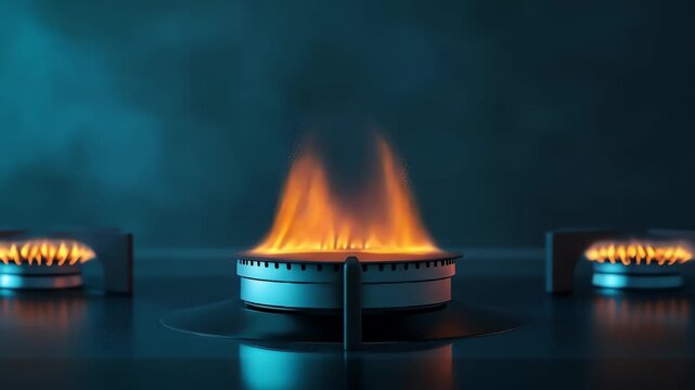 Gas stovetop burner flames ignite, grow, and diminish in a dark teal kitchen, showcasing combustion, energy, and the cooking process