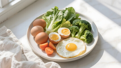 Balanced Breakfast Plate with Fried Eggs, Broccoli, Carrots, and Fresh Lettuce
