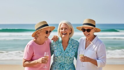Three Mature Women Celebrating Friendship by the Ocean on Beach Vacation - Powered by Adobe