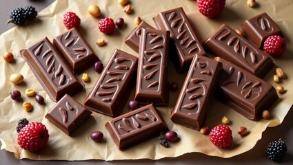Flat Lay of Artisan Chocolate Bar with Berries and Nuts &ndash; Gourmet Dessert Layout