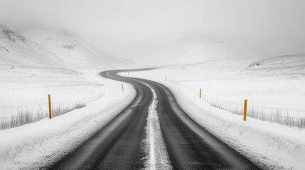 A winding road cuts through a snowy, mountainous landscape with minimal visibility due to fog and snow coverage.